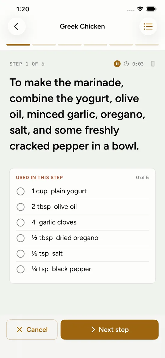Greek Chicken cook mode: step one, making the marinade, with the ingredients for that step below it.