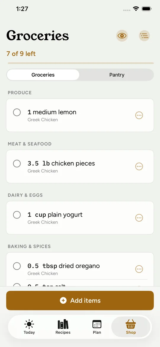 The grocery list for Greek Chicken, with lemon, chicken and yogurt grouped by aisle.