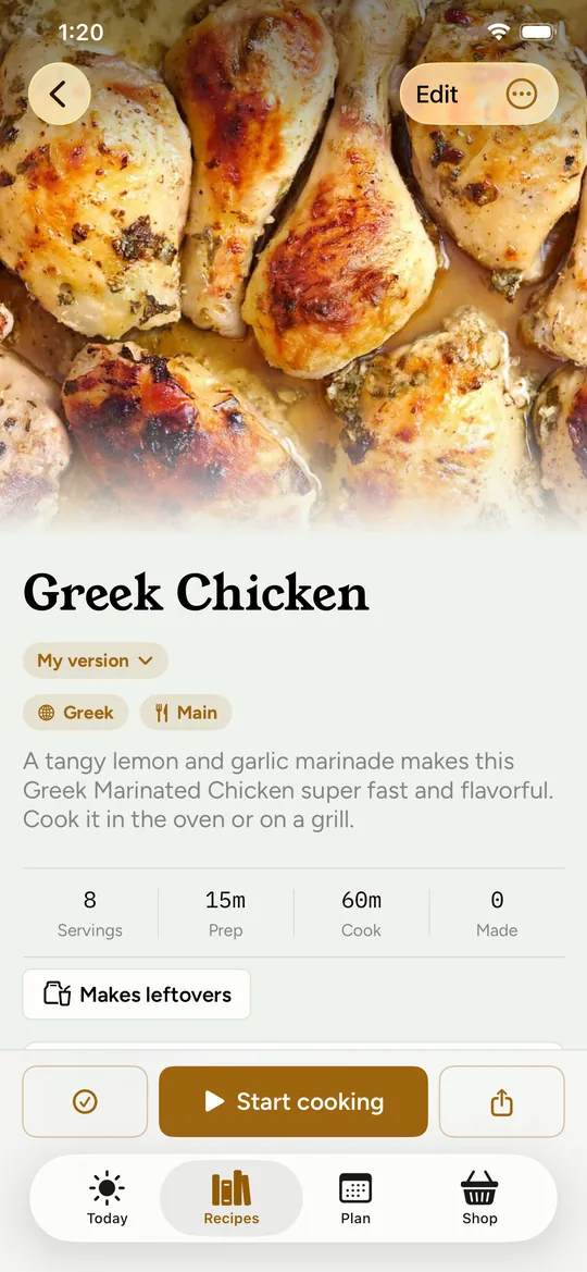 Rendition’s Greek Chicken recipe, with a golden roasted chicken photo, My version, servings and Start cooking.