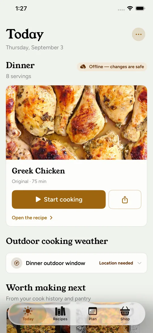 Today in Rendition, with Greek Chicken planned for dinner and a Start cooking button.